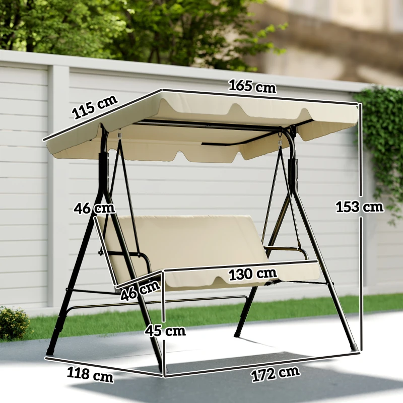 Outsunny Balancín de Jardín Exterior Columpio de 3 Plazas con Toldo Ajustable y Marco de Acero 172x118x153 cm Beige