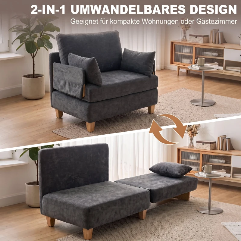 HOMCOM Schlafsessel 2-in-1 mit Bettfunktion, Schlafsofa mit 2 waschbaren Kissen, Seitentaschen für Wohnzimmer, Schlafzimmer