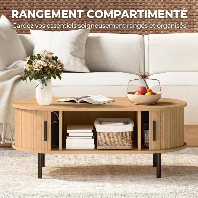 HOMCOM Table basse ovale en bois, table de salon moderne avec portes coulissantes et rangement caché, 100x55x40cm, bois naturel
