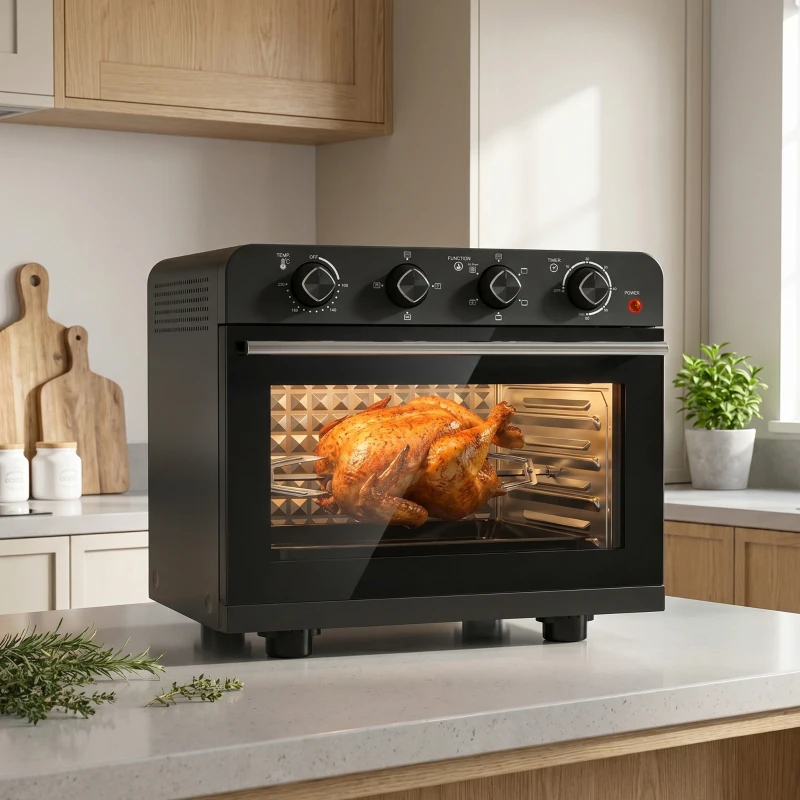 HOMCOM Heißluftfritteusen-Backofen mit Umluft und Drehspieß-Set, Temperaturregler, Timer, 1800 W