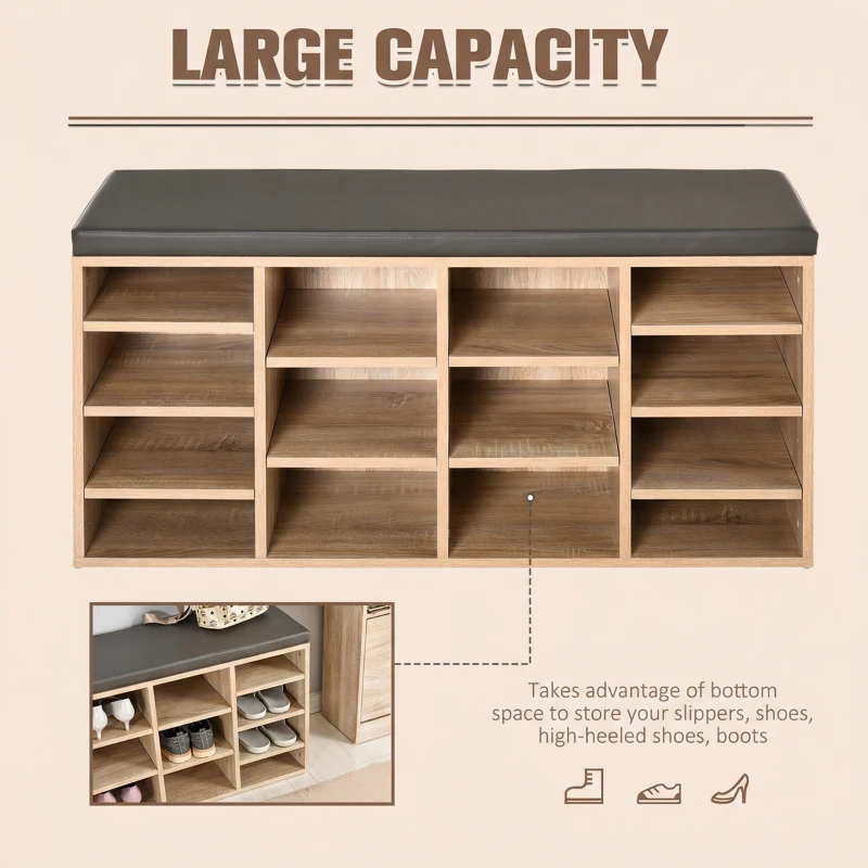 HOMCOM Multi-Storage Shoe Rack w/ 14 Compartments Cushion Moving Shelves Solid Frame Foot Pads Home Office Tidy Organisation Boots Trainers Brown