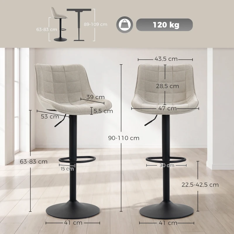 HOMCOM Set 2 Taburetes de Bar Giratorios Regulables con Base de Metal y Respaldo, Blanco Crema