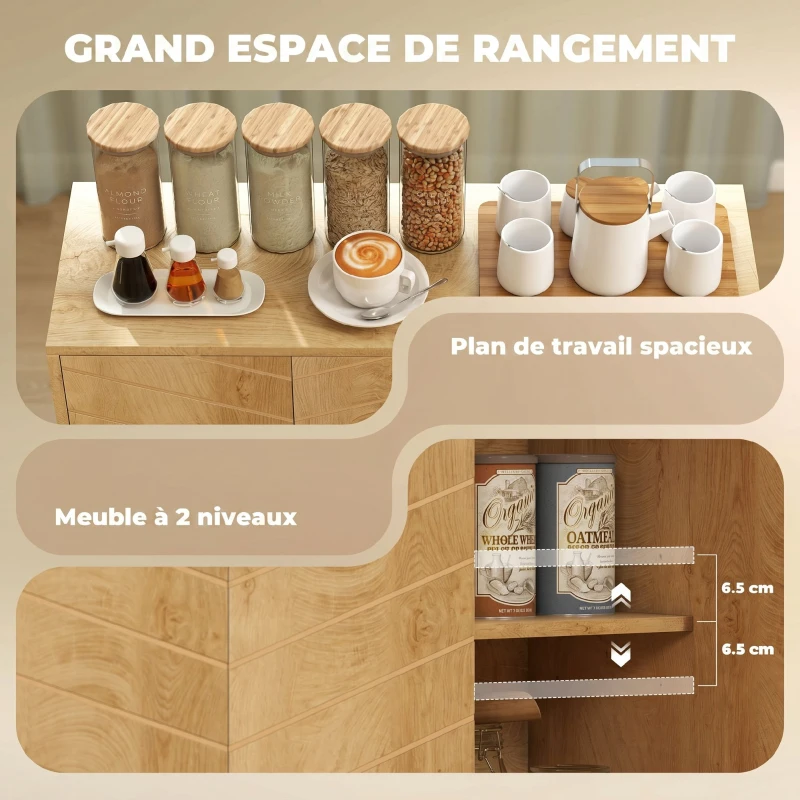 HOMCOM Buffet Cuisine, Meuble de Rangement avec 3 Portes à Motif Chevron et Pieds en Bois de Pin, 88,3x30x76cm, Bois Naturel