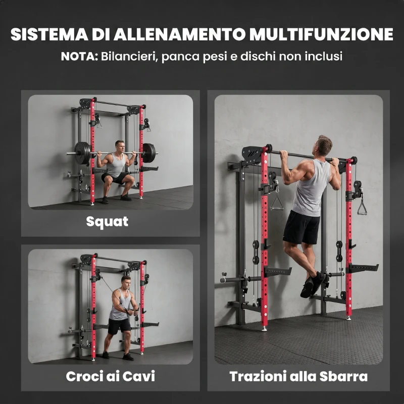 SPORTNOW Power Cage Pieghevole, Rack con Barra Trazioni e Sistema Puleggia Cavi, Rosso