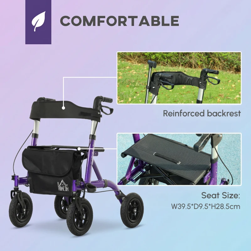 HOMCOM Folding Adjustable Rollator with Dual Brakes & 6 Adjustable Handle Heights for Seniors Purple