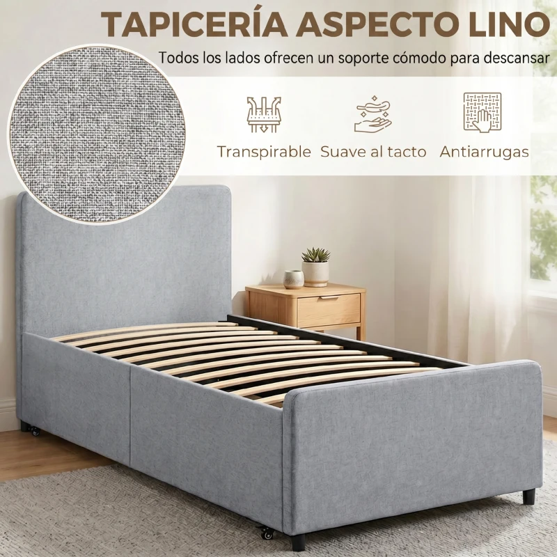 HOMCOM Cama Nido Individual 90x190 cm Estructura de Cama Tapizada en Lino con Cabecero y Piecero Listones de Madera Gris Claro