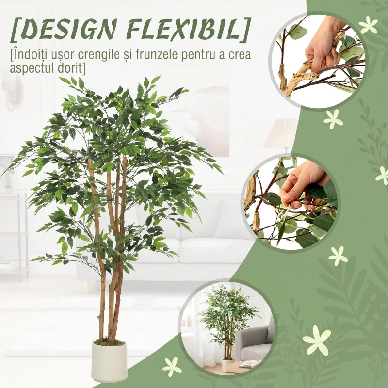 HOMCOM Plantă Artificială Banian cu Ramuri Modelabile din PEVA și Lemn, 65 x 65 x 150 cm, Verde