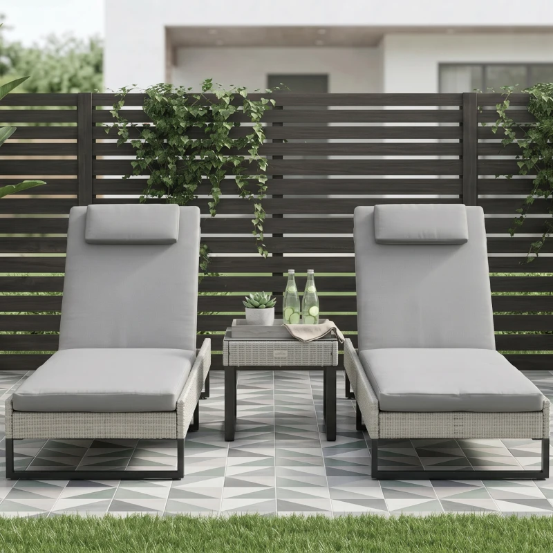 Outsunny 3-piece PE Rattan Sun Lounger Set with Adjustable 5-Position Recliner, Patio Chaise Lounge Chair Set with Cushions, Headrests, Glass Top Square Coffee Table, Light Grey