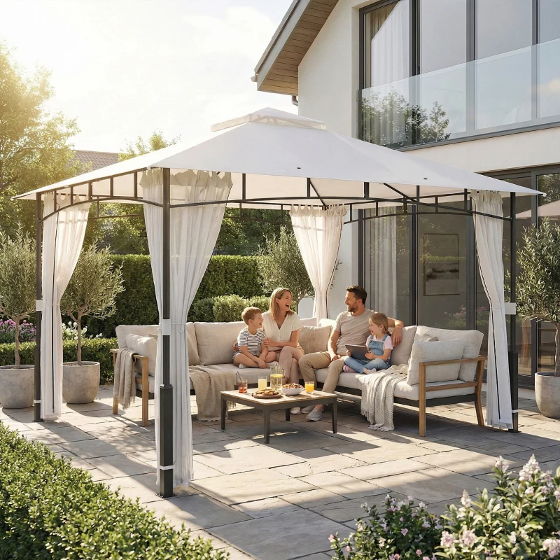 Outsunny Pavillon, 3x3,6 m wasserabweisend Stabil Gartenpavillon mit Moskitonetz, Doppeldach, für Garten, Terrasse, Schwarz