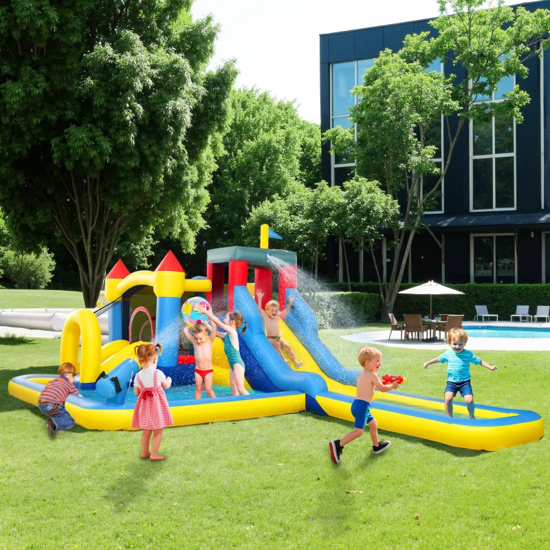 AIYAPLAY Château gonflable avec soufflerie parc aquatique toboggans, trampoline, mur d'escalade, canon, panier de basket