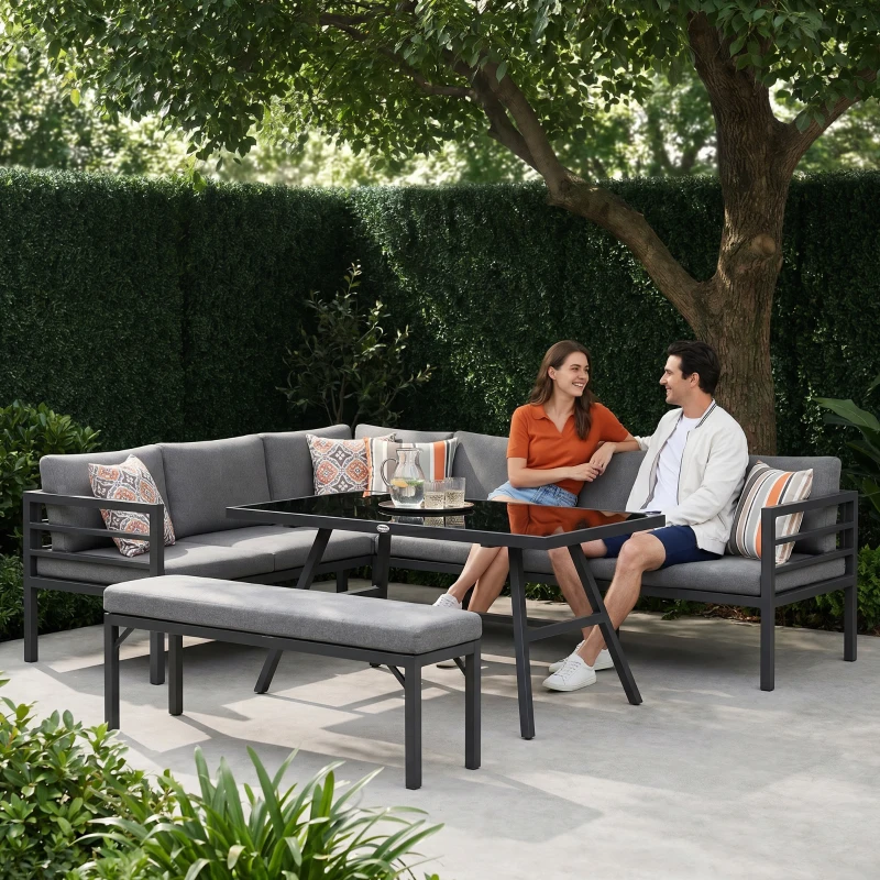 Outsunny 4 Piece L-shaped Garden Furniture Set 8-Seater Aluminium Outdoor Dining Set Conversation Sofa Set w/ Bench, Dining Table & Cushions, Grey