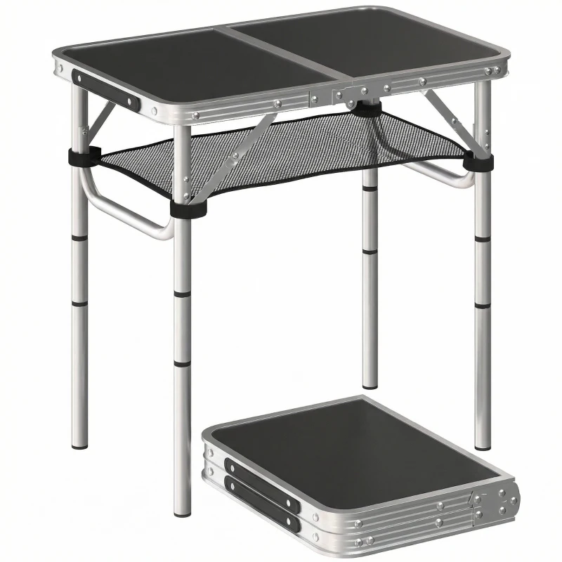 Outsunny Campingtisch Klapptisch mit Netzfach, 4 Höhenverstellungen, Tragegriff Aluminium 60 x 40 x 26-60 cm Schwarz