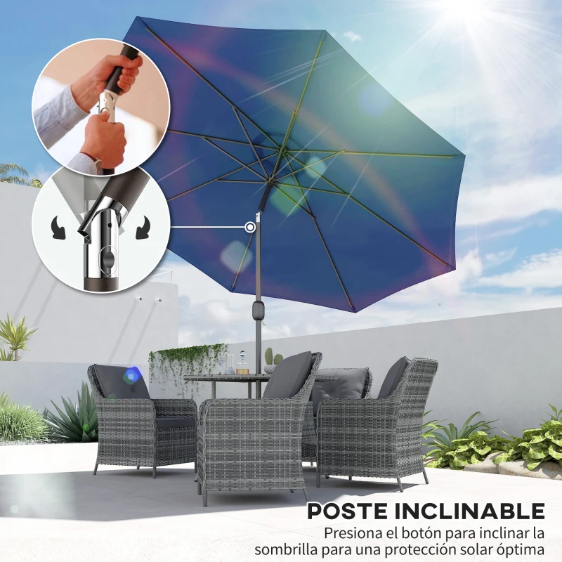 Outsunny Sombrilla de Jardín Ø295x250cm con Mecanismo de Inclinación y Poste Desmontable de Metal para Terraza Piscina Patio Azul