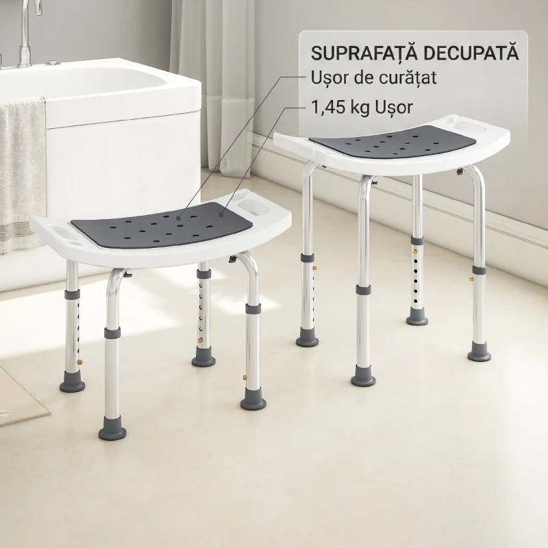 HOMCOM Scaun de Duș din Aluminiu și Plastic Antialunecare, Înălțime Reglabilă 6 Niveluri 39-52cm, Gri