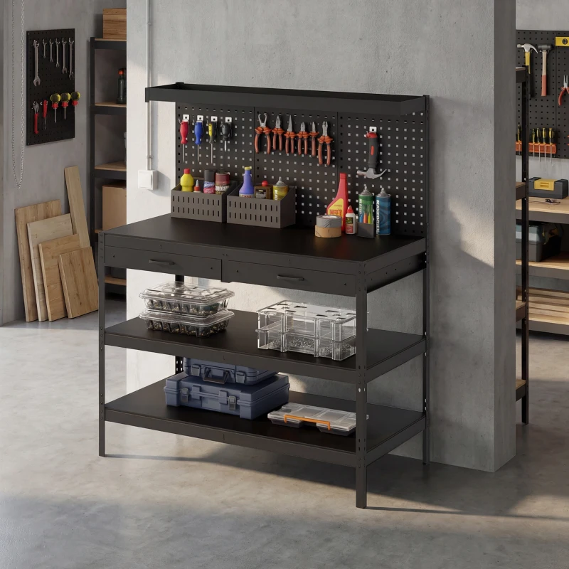 HOMCOM Werkbank mit verstellbaren Regalen, robuste Arbeitsstation mit Lochwand und 2 Schubladen, 122 x 61 x 156 cm, Schwarz