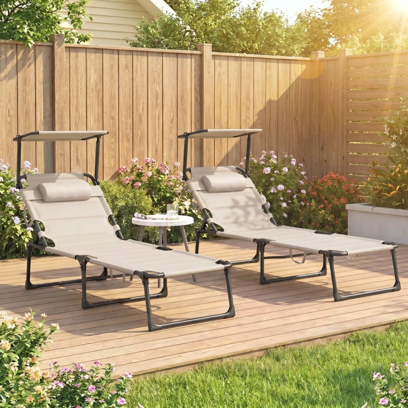 Outsunny Lot de 2 Bains de soleil transats pliables grand confort dossier pare-soleil réglables multi-positions, crème
