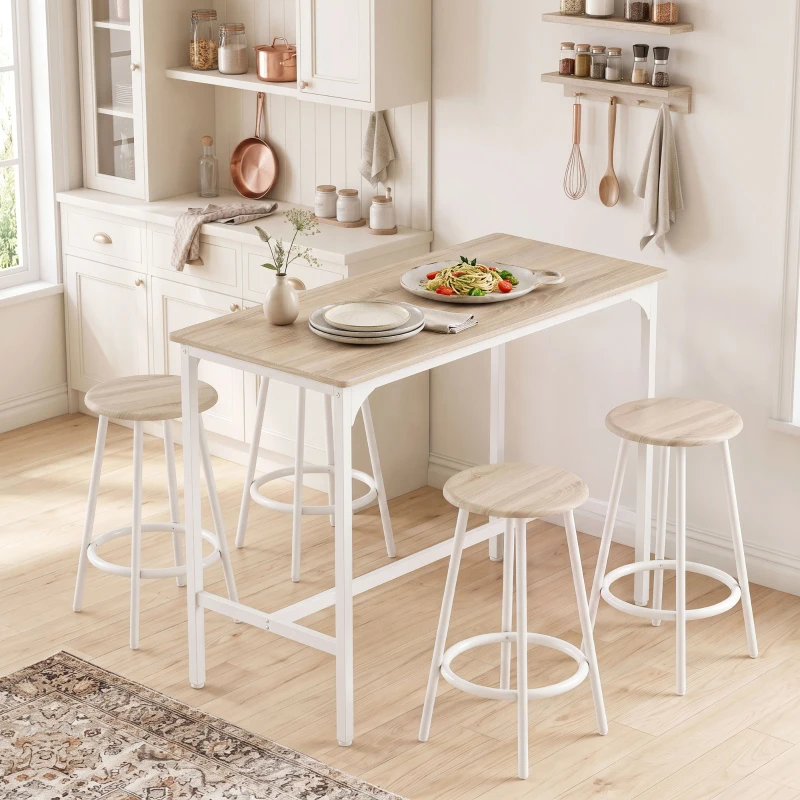 HOMCOM Set de mesa alta de 5 piezas para 4 personas, mesa alta de estilo industrial con taburetes para cocina & comedor, roble