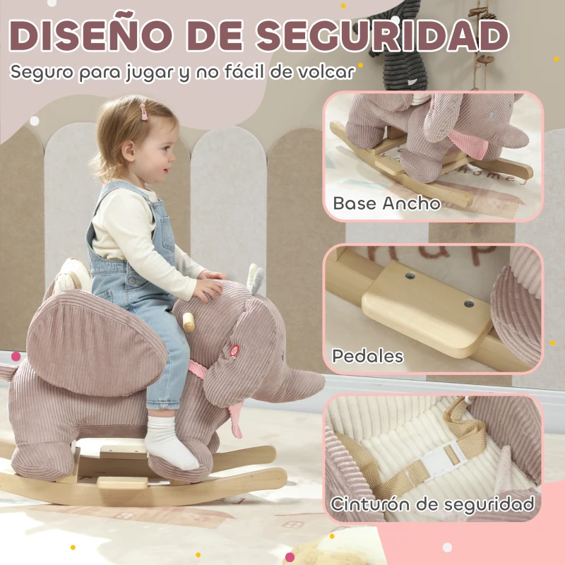 AIYAPLAY Caballito Balancín para Bebés con Sonido de Elefante y Cinturón de Seguridad de 3 Puntos Base de Madera Marrón