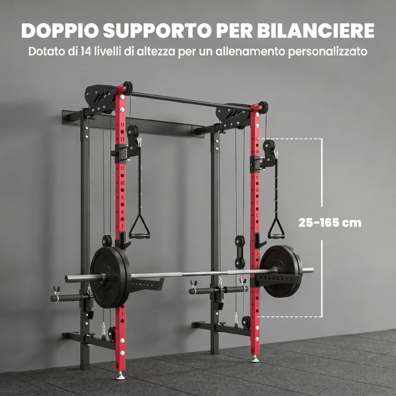 SPORTNOW Power Cage Pieghevole, Rack con Barra Trazioni e Sistema Puleggia Cavi, Rosso