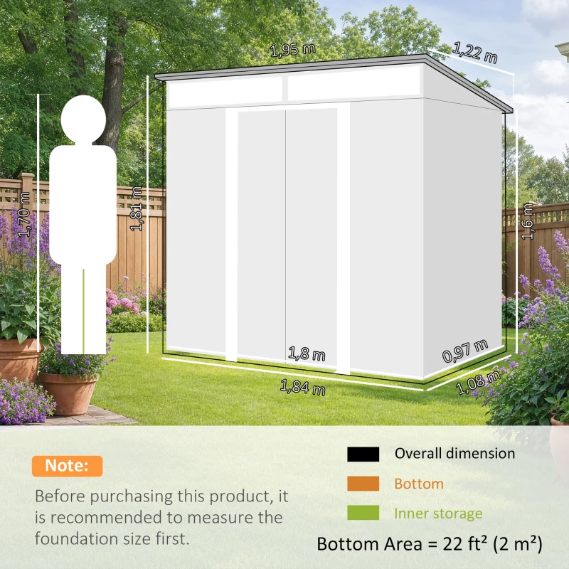 Outsunny 6.5 x 4FT Galvanised Metal Shed with Foundation Kit, Lockable Tool Garden Shed with Double Sliding Doors, Vents, Grey