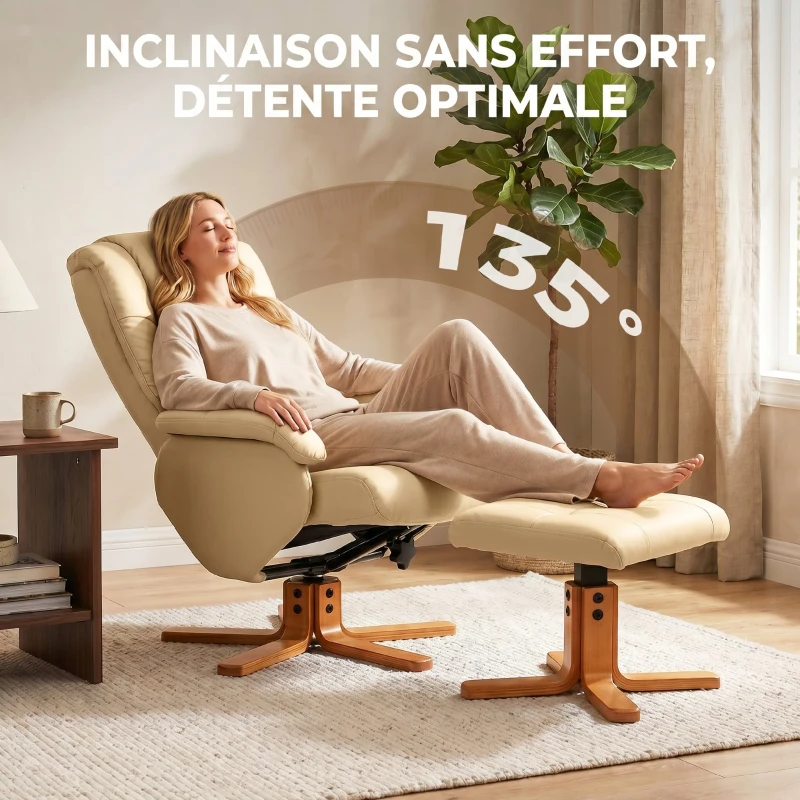 HOMCOM Fauteuil relax avec repose-pied fauteuil de relaxation pivotant 360° dossier inclinable charge 120 Kg beige