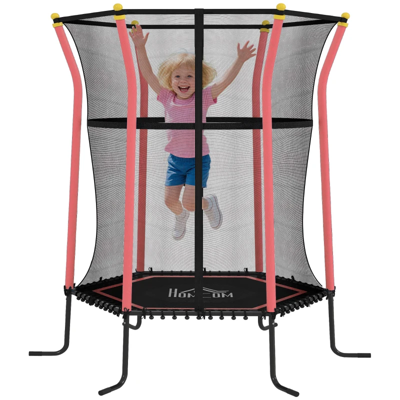 HOMCOM Trampolin für Kinder, 122 x 111 cm, mit Sicherheitsnetz, gepolstert, Stahl, belastbar bis 50 kg, Schwarz & Rot
