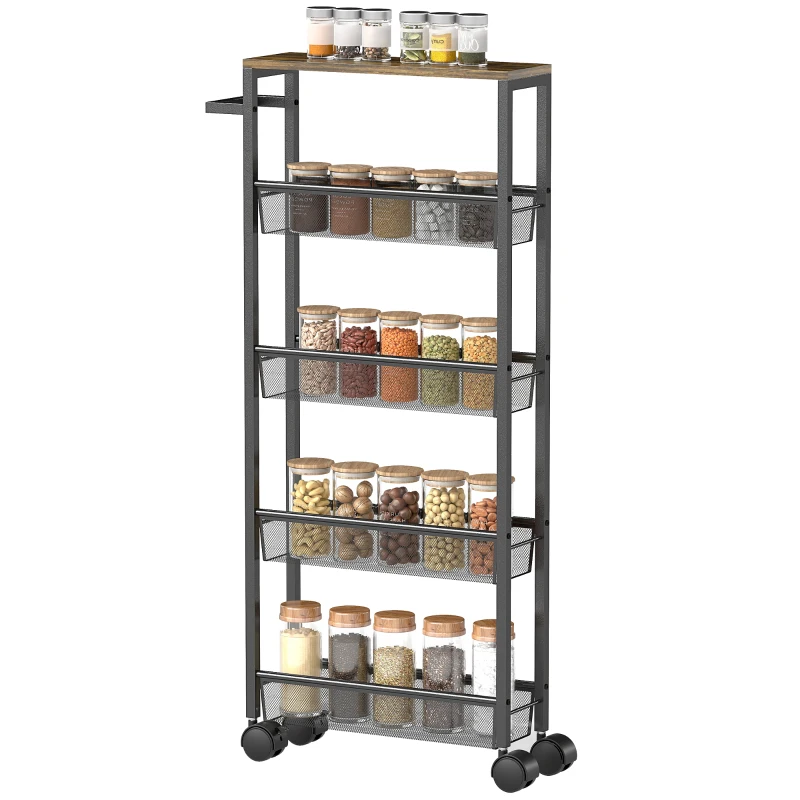 HOMCOM Keukentrolley serveertrolley 5 niveaus, rolwagen keukenrek met werkblad, wielen & greep, 47 x 13 x 96,5 cm, zwart