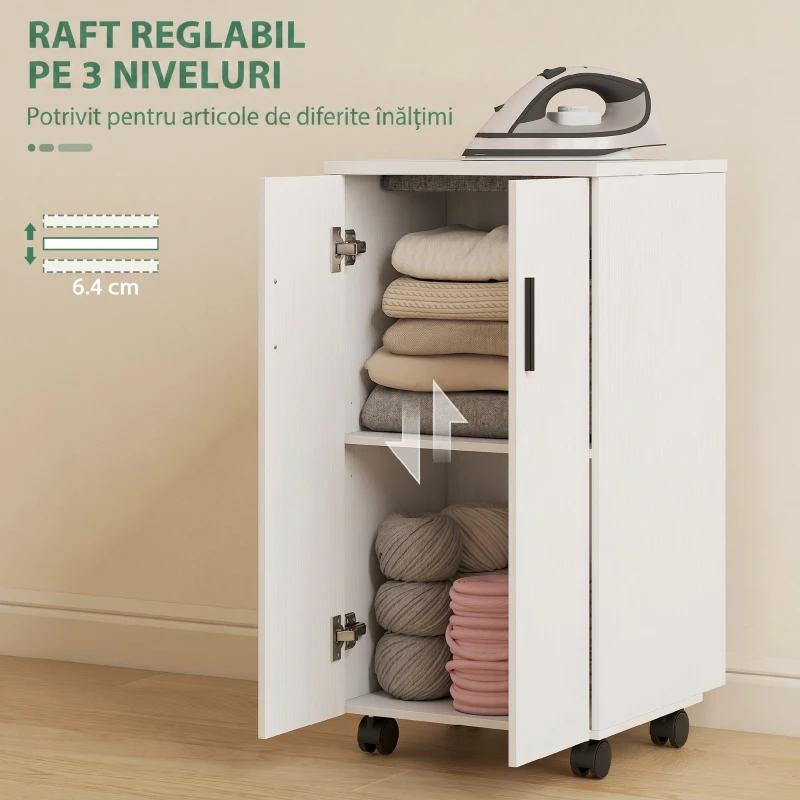 HOMCOM Mobilier pentru Masa de Călcat Pliabil cu Roți, Raft Reglabil și Închidere Soft Close, din Lemn și Material Textil, 128x43x83 cm, Alb