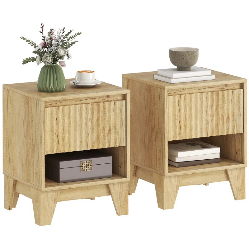 HOMCOM Lot de 2 tables de chevet étroite, table d'appoint compartiment ouvert 1 tiroir, panneaux cannelés 43x40x55cm naturel