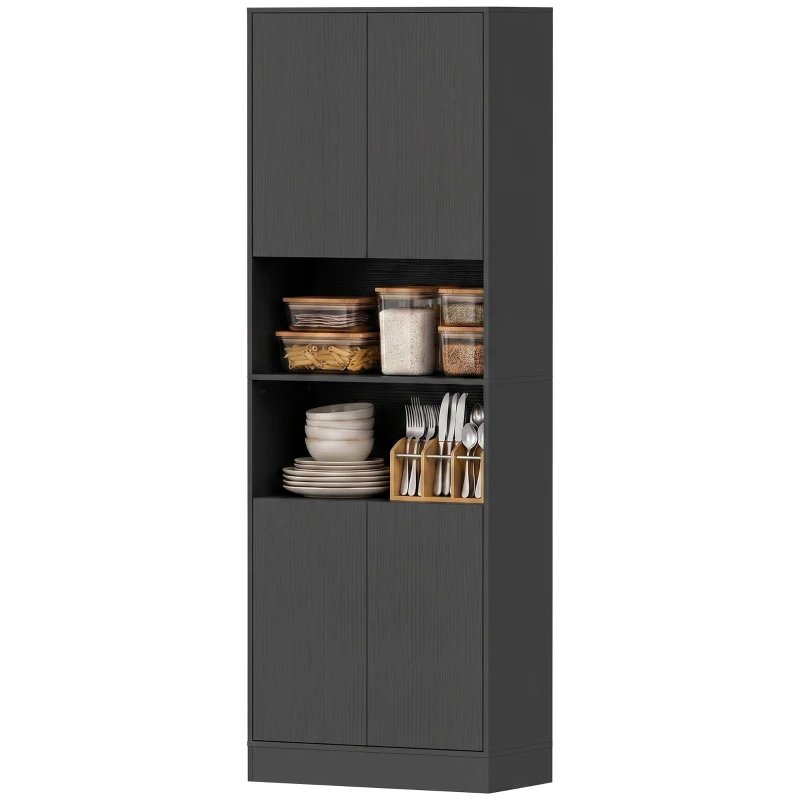 HOMCOM Aparador Alto de Cocina, Armario de Cocina, 4 Puertas con Cierre Suave, 2 Compartimentos Abiertos y Estantes Regulables, Negro