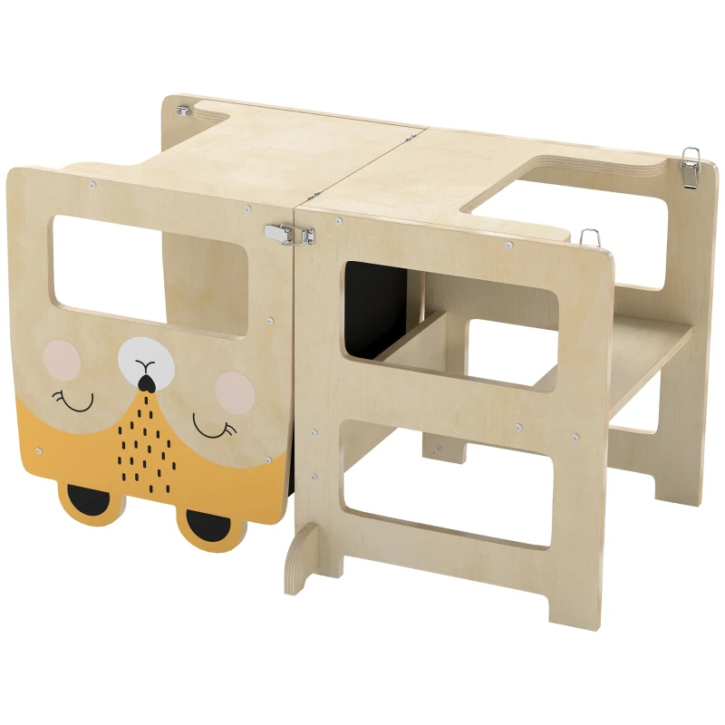 AIYAPLAY Toddler Step Stool, Standing Tower with Chalkboard, 3-in-1 Fox-Shaped Step Stool for Kitchen Counter, Natural