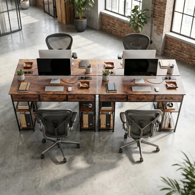 HOMCOM Bureau avec rangement avec prises de courant, 3 tiroirs en tissu et 4 étagères de rangement, 120 x 40 x 76 cm, marron