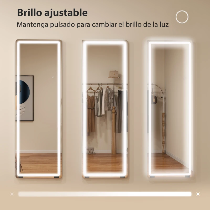 HOMCOM Espejo de Pie Cuerpo Entero con Luces 150x50 cm sin Marco 3 Temperaturas de Color Brillo Ajustable Transparente