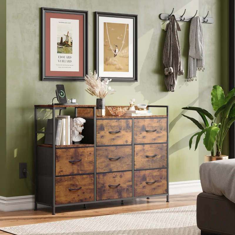 WLIVE Chest of Drawers with Charging Station, 8 Fabric Storage Drawers with Metal Frame and Wooden Top, TV Media Console Table Open Storage Shelves for Bedroom, Living Room, Hallway, Rustic Brown