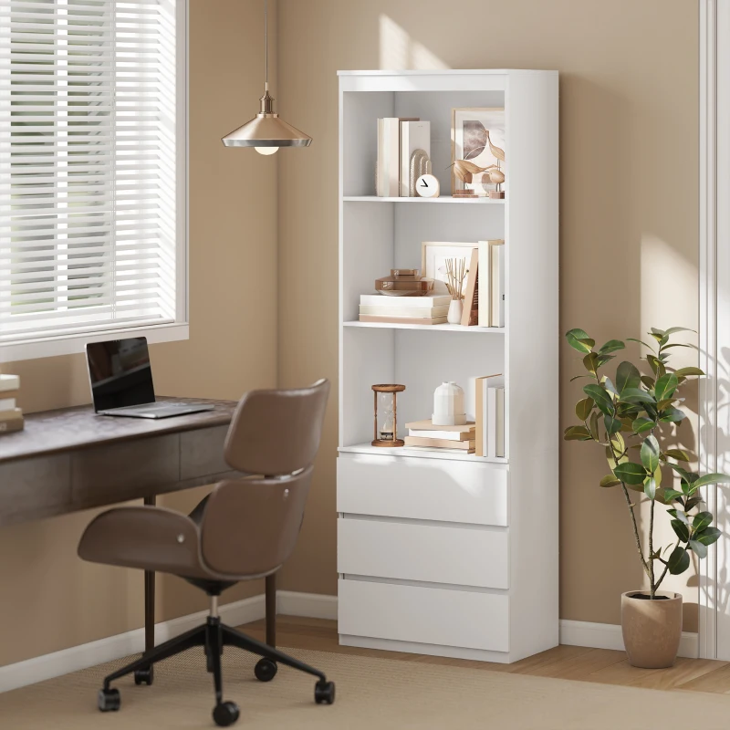 HOMCOM Bibliothèque haute de 180 cm avec 3 étagères et 3 tiroirs 60 x 35 x 180 cm en bois blanc
