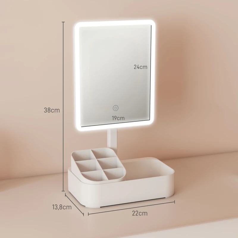 HOMCOM Schminkspiegel mit Beleuchtung wiederaufladbar 180°Drehbar LED Kosmetikspiegel mit 2 Beleuchtungsmodi, Weiß