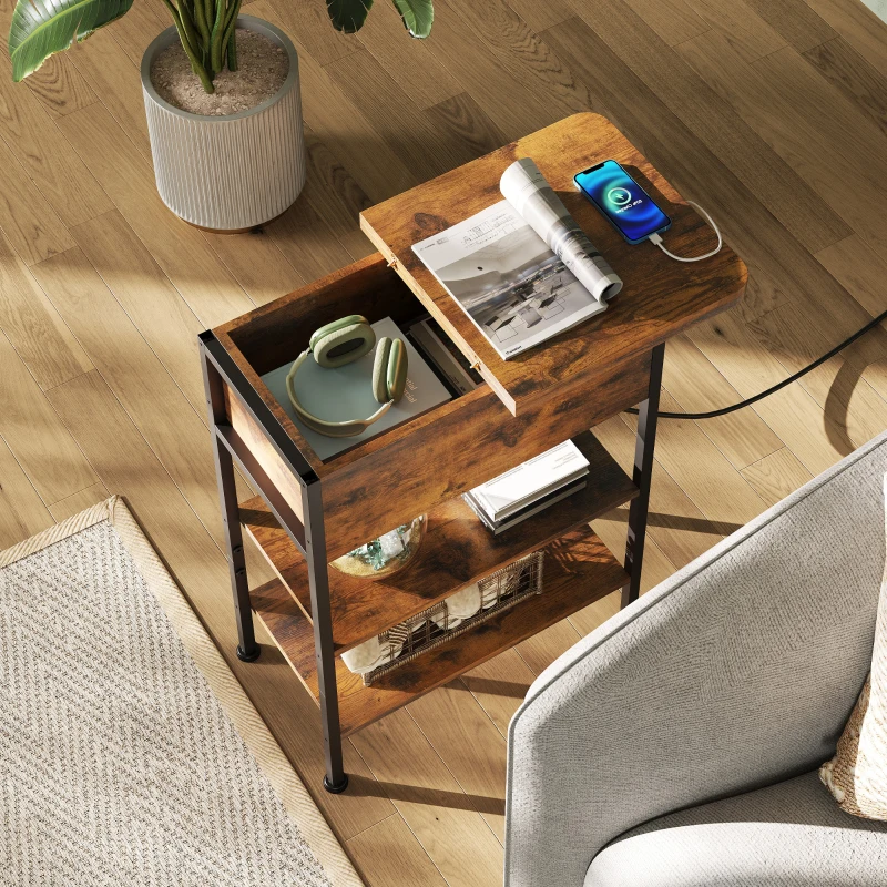 WLIVE Side Table with Charging Station, 3-Tier End Table with Drawer and Flip Top, Comes with USB Ports and Outlets, 60x30x62cm for Living Room and Bedroom, Rustic Brown