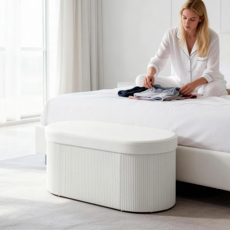 HOMCOM Sitzbank mit Stauraum Klappbar Polsterbank mit Samt-Optik für Wohnzimmer 76 x 38 x 35 cm Creme