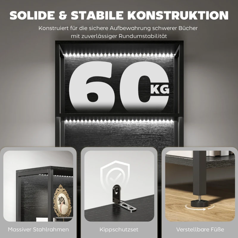 HOMCOM Bücherregal mit 5 Ebenen Standregal mit LED-Beleuchtung, 7 Lichtfarben, für Wohnzimmer, 60 x 30 x 179 cm Schwarz