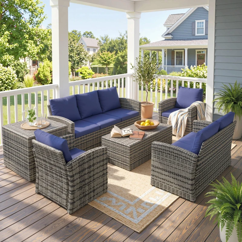 Outsunny 6 Pieces Rattan Garden Furniture Set, 7 Seater Wicker Outdoor Furniture Set with Storage Tea Table & Side Table, Sectional Garden Sofa Set with Cushions, Navy Blue