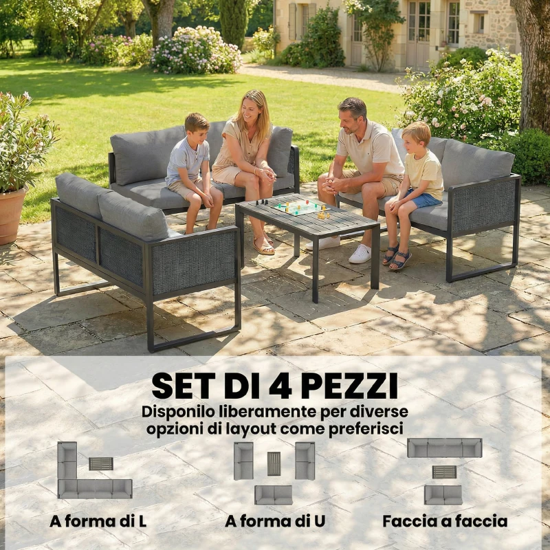 Outsunny Salotto da Giardino 6pz Modulabile con 3 Divanetti 2 Posti e Tavolino Basso, in Metallo e Legno Grigio