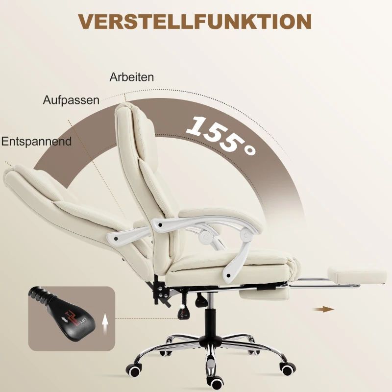 HOMCOM Bürostuhl mit Liegefunktion, Schreibtischstuhl, höhenverstellbar Drehstuhl mit Fußstütze, 64 x 73 x 120 cm, Beige