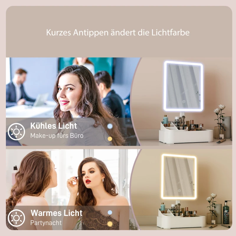 HOMCOM Schminkspiegel mit Beleuchtung wiederaufladbar 180°Drehbar LED Kosmetikspiegel mit 2 Beleuchtungsmodi, Weiß