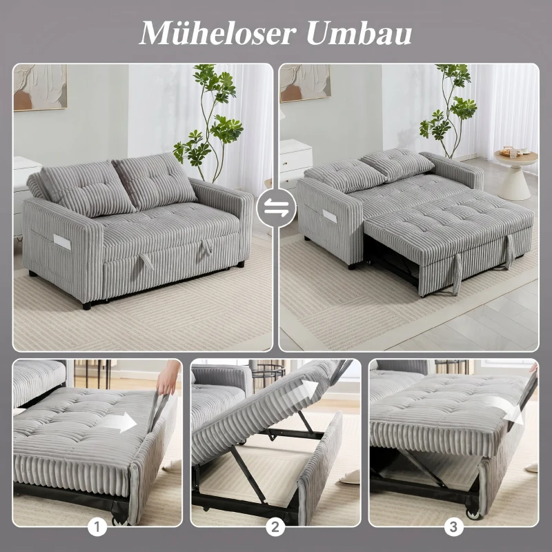 HOMCOM 2-Sitzer Sofabett, Cordbezug, zum Schlafsofa umwandelbar, 2 Kissen, Seitentaschen, 157 x 190 cm, Hellgrau