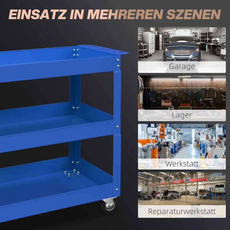 DURHAND 3-stufiger Werkzeugwagen, 4 Rollen, Stahl, 83B x 35,3T x 76H cm, Blau