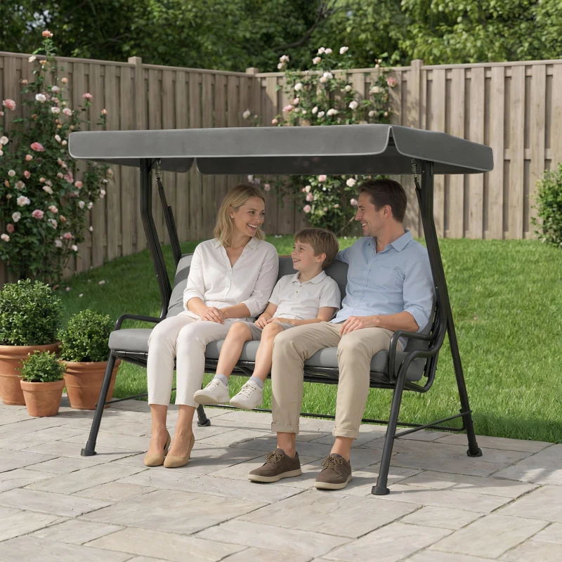 Outsunny 3-Seater Garden Swing Seat, Outdoor Swing Chair with Adjustable Waterproof Canopy, Light Grey