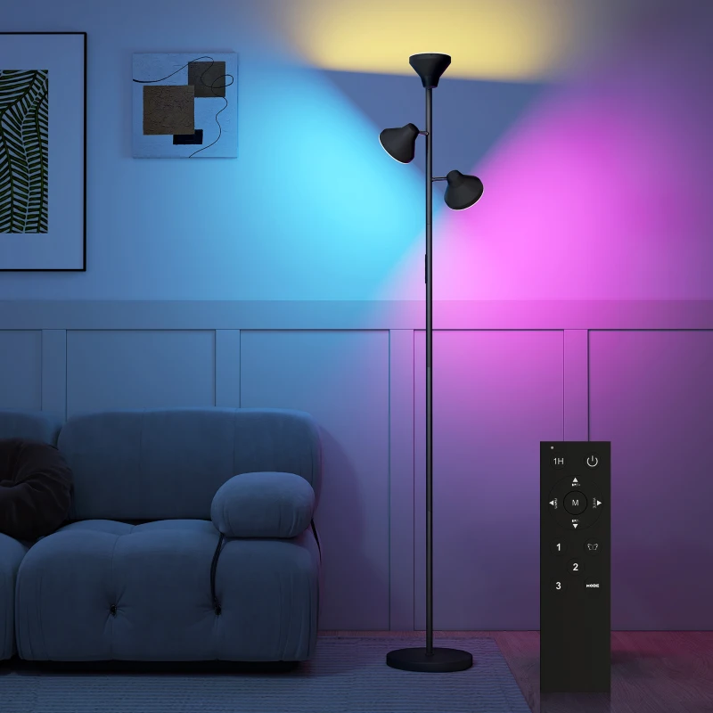 HOMCOM Stehlampe Dimmbar mit Leselampe, Stehleuchte RGB Farbwechsel mit Fernbedienung Touch-Steuerung 3 drehbare Köpfe Schwarz