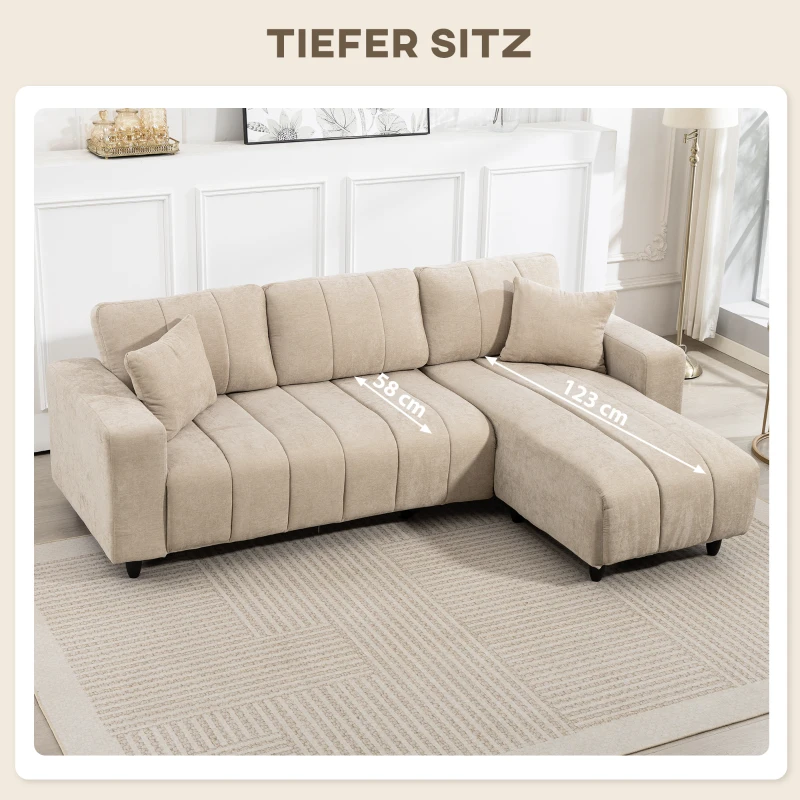 HOMCOM L-förmiges Ecksofa mit flexibler Chaiselongue, 3-Sitzer-Couch mit 2 Kissen, Metallrahmen, für Wohnzimmer, Beige
