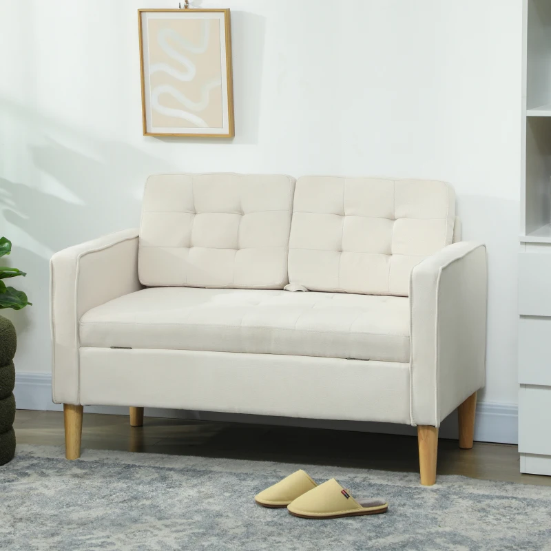 HOMCOM Sofá de 2 Plazas con Espacio de Almacenamiento Patas de Madera Respaldo Capitoné 117x62x78 cm Crema