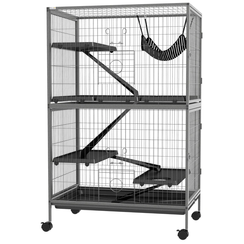 PawHut Cușcă pentru Rozătoare cu 4 Intrări și Niveluri Multiple, cu Hamac, din Metal și PP, 80x52x128 cm, Argintiu și Gri